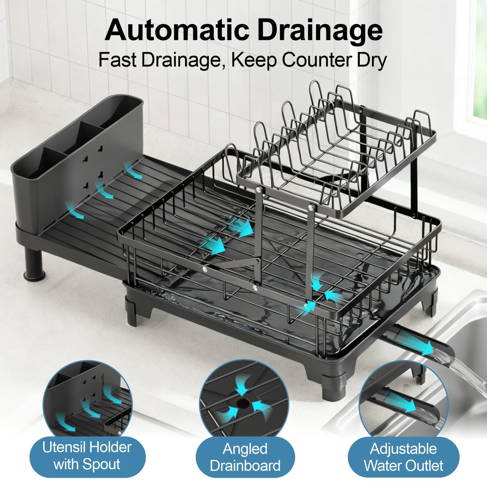2 Tier Dish Drying Rack With Drainboard  Expandable Large Drainer For Kitchen Counter Rust Resistant Cup Holder & Utensil 12.6" W X 18.7"-25.2" L Black