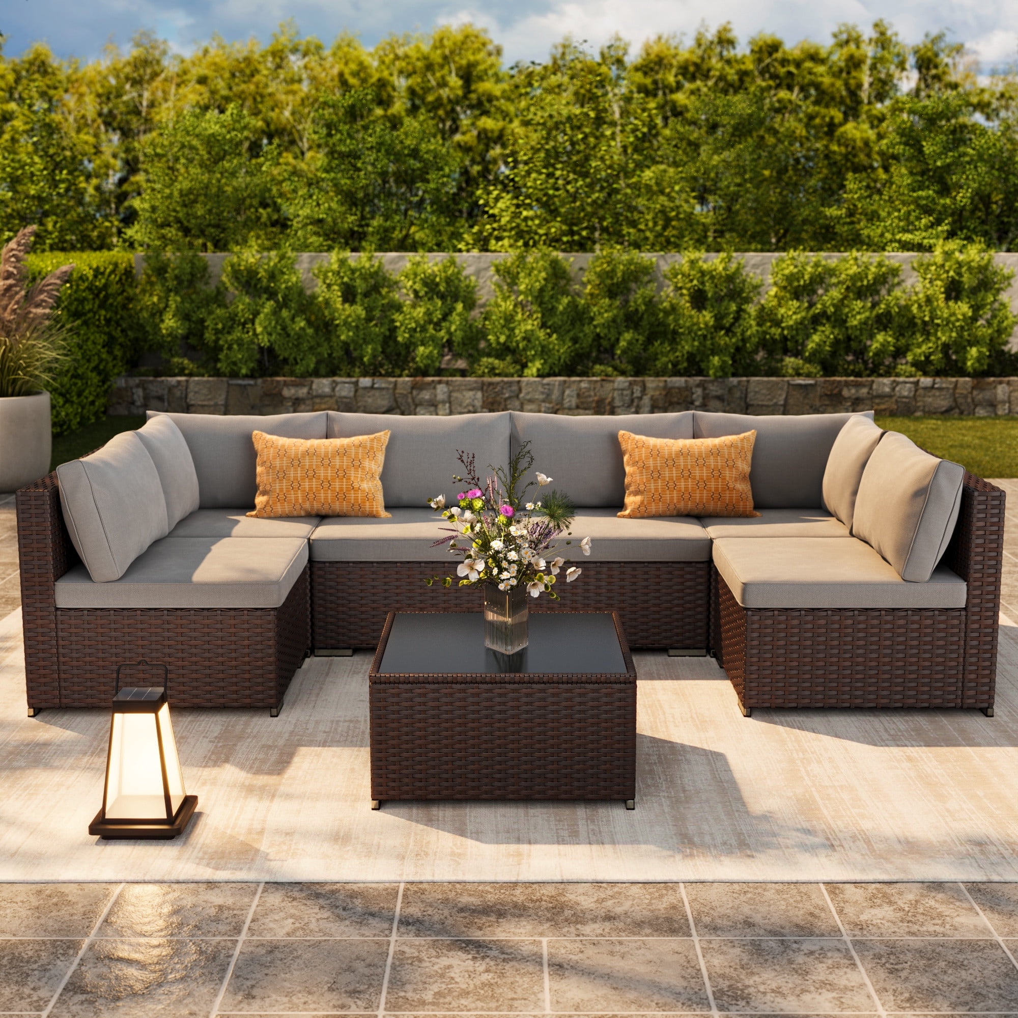 Noelse 7 Piece Outdoor Patio Furniture Set,Outdoor Sectional Furniture Set with Glass Coffee Table, Cushion, for Garden, Porch, Gray