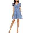 thumbnail image 3 of INSPIRE CHIC Women's Tie V Neck Short Sleeve Ruffle Floral a-Line Dress S Blue, 3 of 7