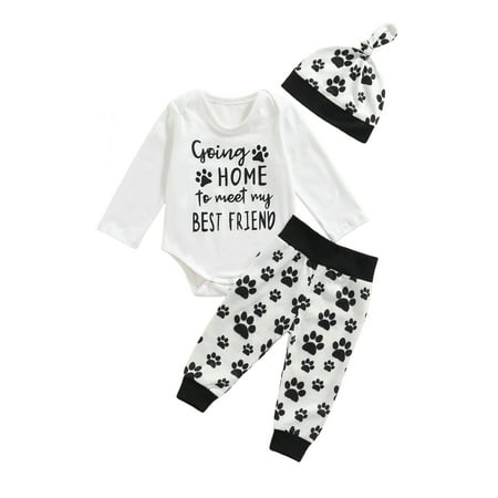 

Musuos Baby Boy Girl Short Sleeve Letter Print Bodysuit Tops Long Pants Cap Outfits