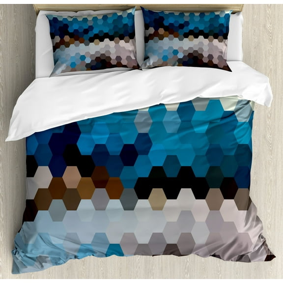 Geometric King Size Duvet Cover Set, Modern Hexagonal Fractal Puzzle Stylized Defocus Blurry Artsy Winter Landscape, Decorative 3 Piece Bedding Set with 2 Pillow Shams, Multicolor, by Ambesonne
