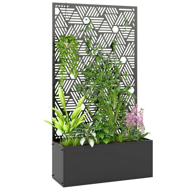 Outsunny Metal Planter Box with Trellis, 44.5" Tall Raised Garden Bed
