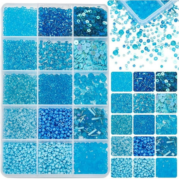 9600pcs Blue Craft Beads 12 Styles Glass Seed Beads 2mm 3mm 4mm Pony Beads with Glass Bugle Beads 6mm Faceted Glass Beads 2 Style Flat Round Paillette Sequins Beads for Jewelry Making DIY