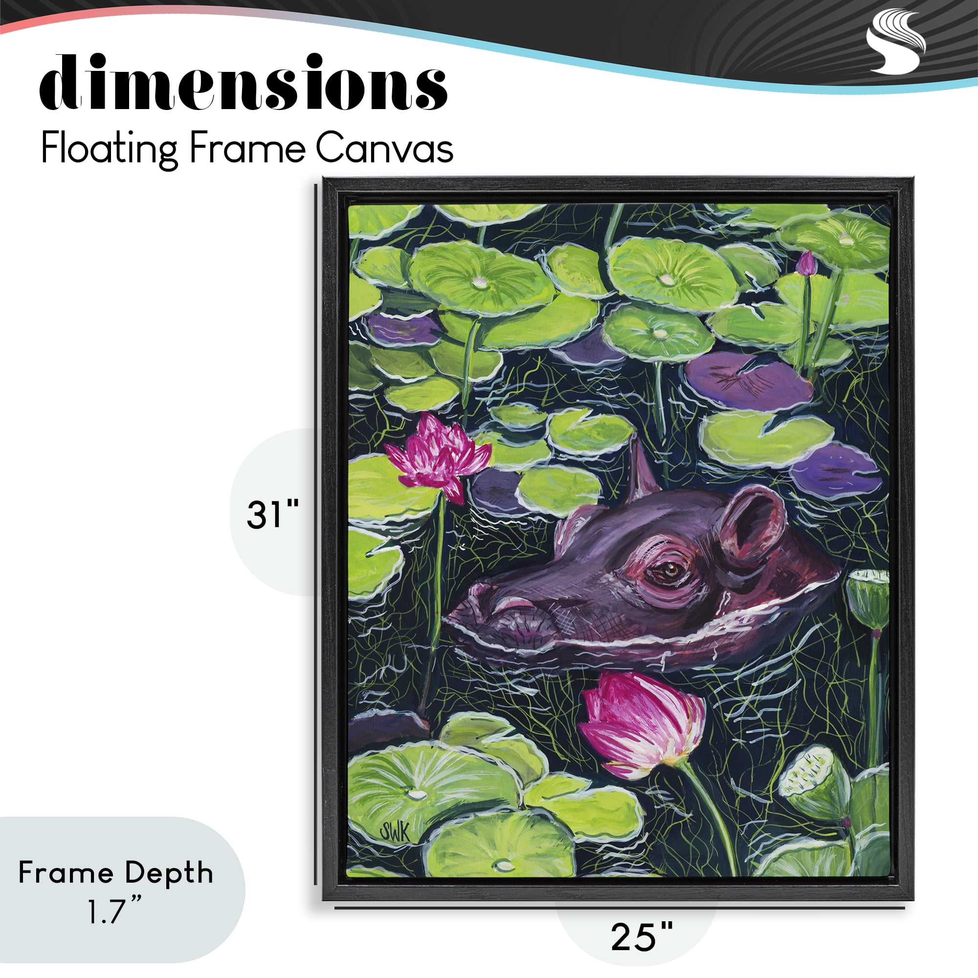 Stupell Industries Hippo & Blossoms Pond Black Framed Floater Canvas Wall Art, design by Sarah Waldron Kimball