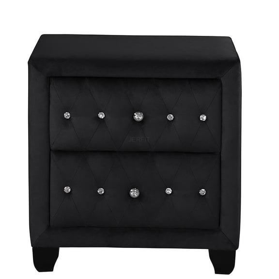 JERFIT Modern Nightstand with Crystal Knobs, 2-Drawer Velvet Upholstered Bedside Table, Black Wood Bedroom Storage Cabinet