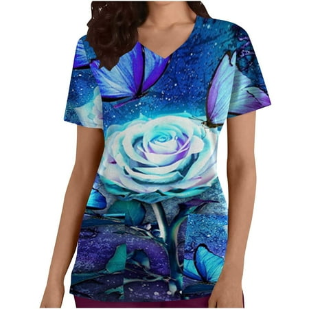 

OGLCCG Scrubs for Women Workwear Revolution Butterfly Print Short Sleeve Working Uniform T-Shirt Classic Fit V-Neck Four-Way Stretch Medical Scrub Tops