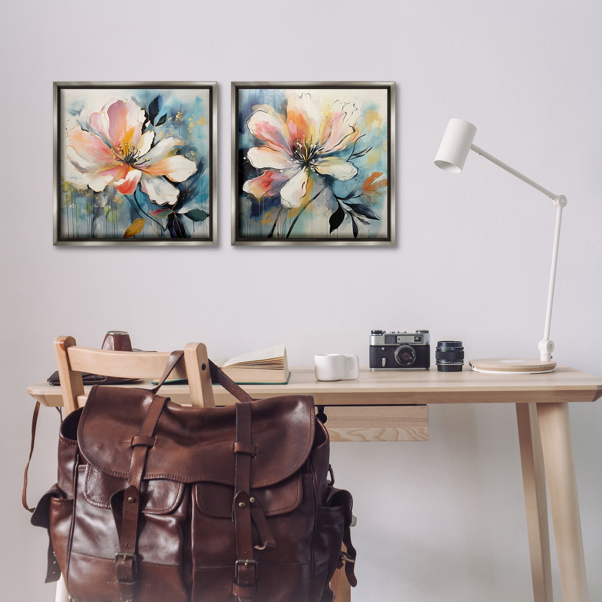 Stupell Industries Modern Dripping Blooms Botanical & Floral Painting Gray Floater Framed Canvas Art Print Wall Art, 18 x 18, Set of 2