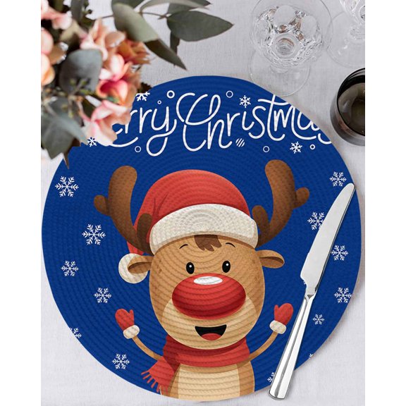 15 Inch Round Placemats Set of 6, Merry Christmas Non Slip Heat Insulation PP Table Mats, Blue Winter Xmas Hat Deer Snowflake Washable Place Mats for Kitchen Dining Party Table Decor