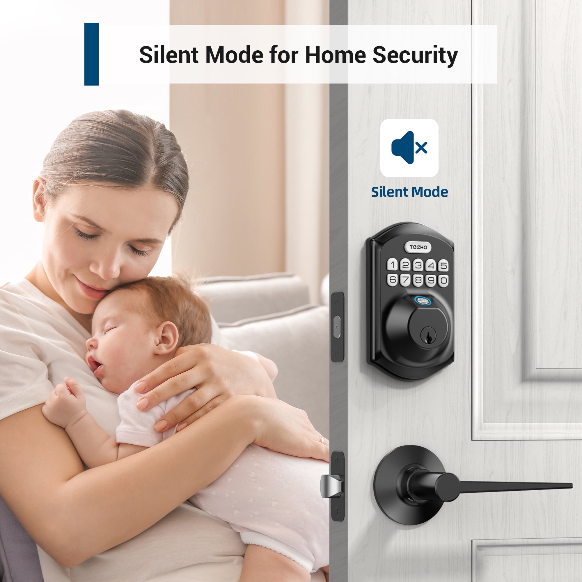TEEHO Fingerprint Keyless Entry Door Lock with 2 Handles, Security Keypad Deadbolt Lock, Electronic Smart Door Locks, Auto Lock, Easy Installation- Matte Black