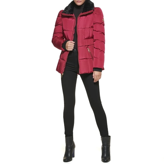 GUESS Women's Midweight Puffer Jacket, Faux Fur Collar Magenta, Medium