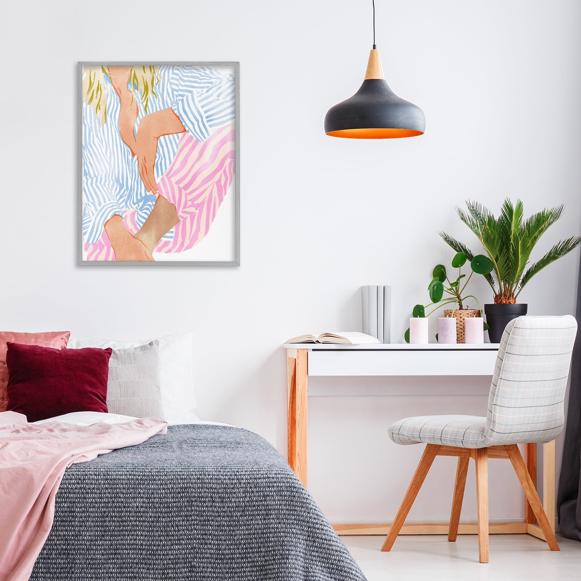 Woman in Pastel Stripes Gray Framed Giclee Art, design by Ziwei Li
