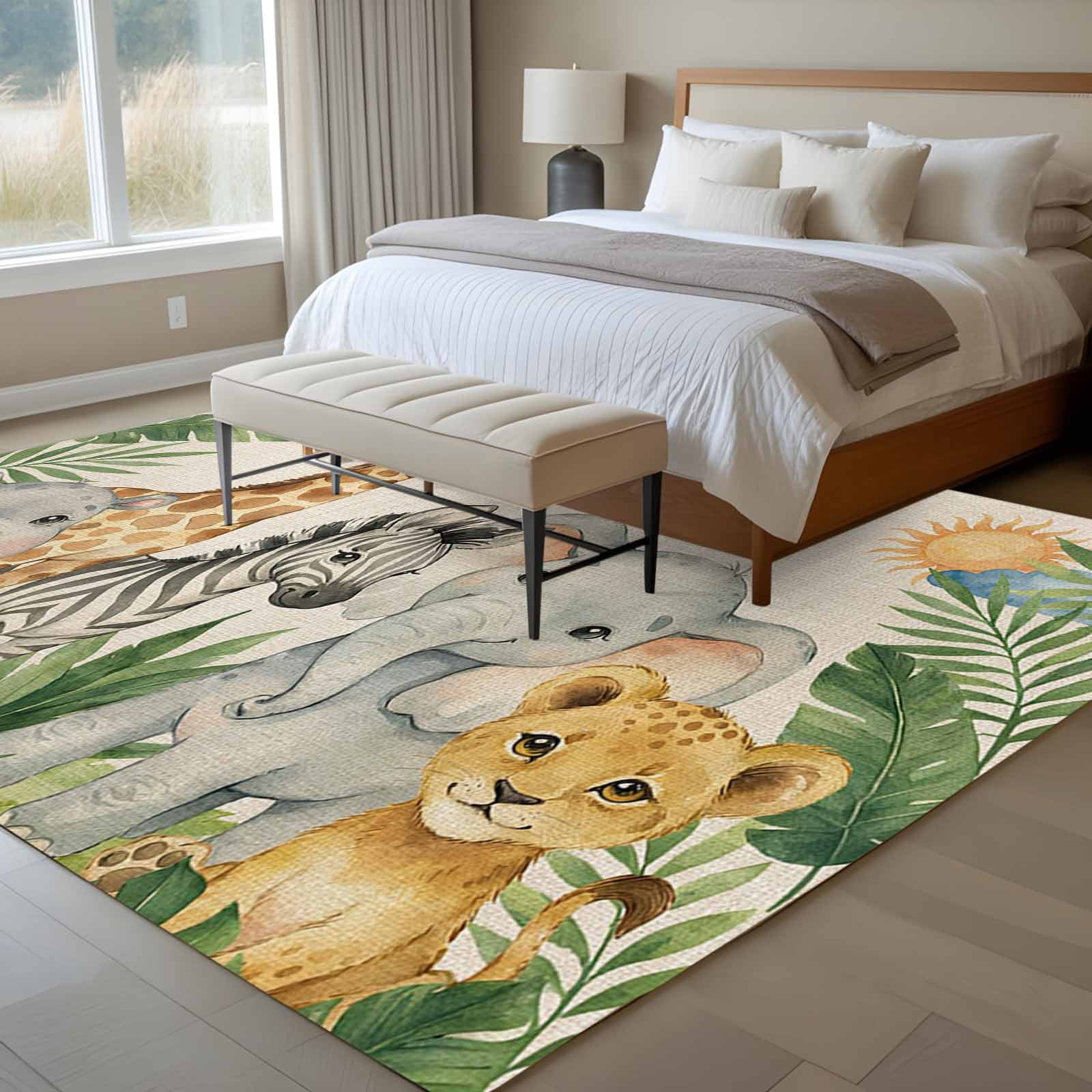 Cute Animals Area Rugs 6'x9', Washable Small Throw Rugs for Kitchen Dining room, Rustic Summer Botanical Palm Leaves Indoor Outdoor Rug Non-Slip Low Pile Carpet Runner Reversible Floor Mats