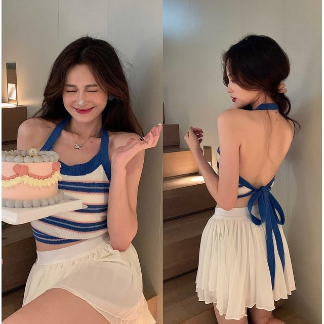 VISgogo Chaleco sin espalda sexy para mujer, blusas cortas sin mangas con cuello halter y patrón de rayas, azul / verde VISgogo moda