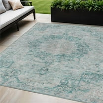 HomeRoots 607945 5 x 8 ft. Teal Blue Floral Medallion Washable Indoor & Outdoor Rectangle Area Rug