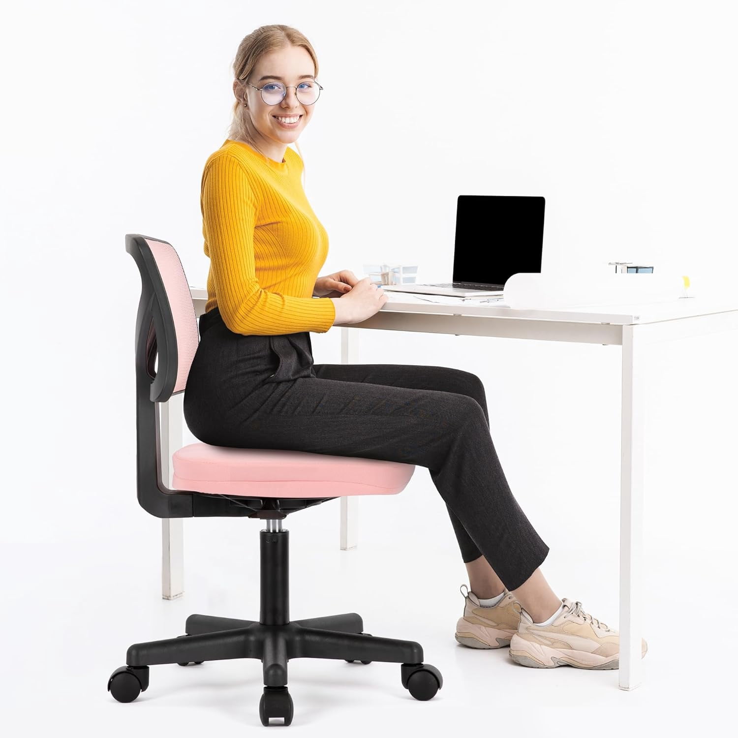 QUIOCOZY Armless Small Home Office Desk Chair, Ergonomic Low Back Computer Chair, Adjustable Rolling Swivel Task Chair with Lumbar Support for Small Space