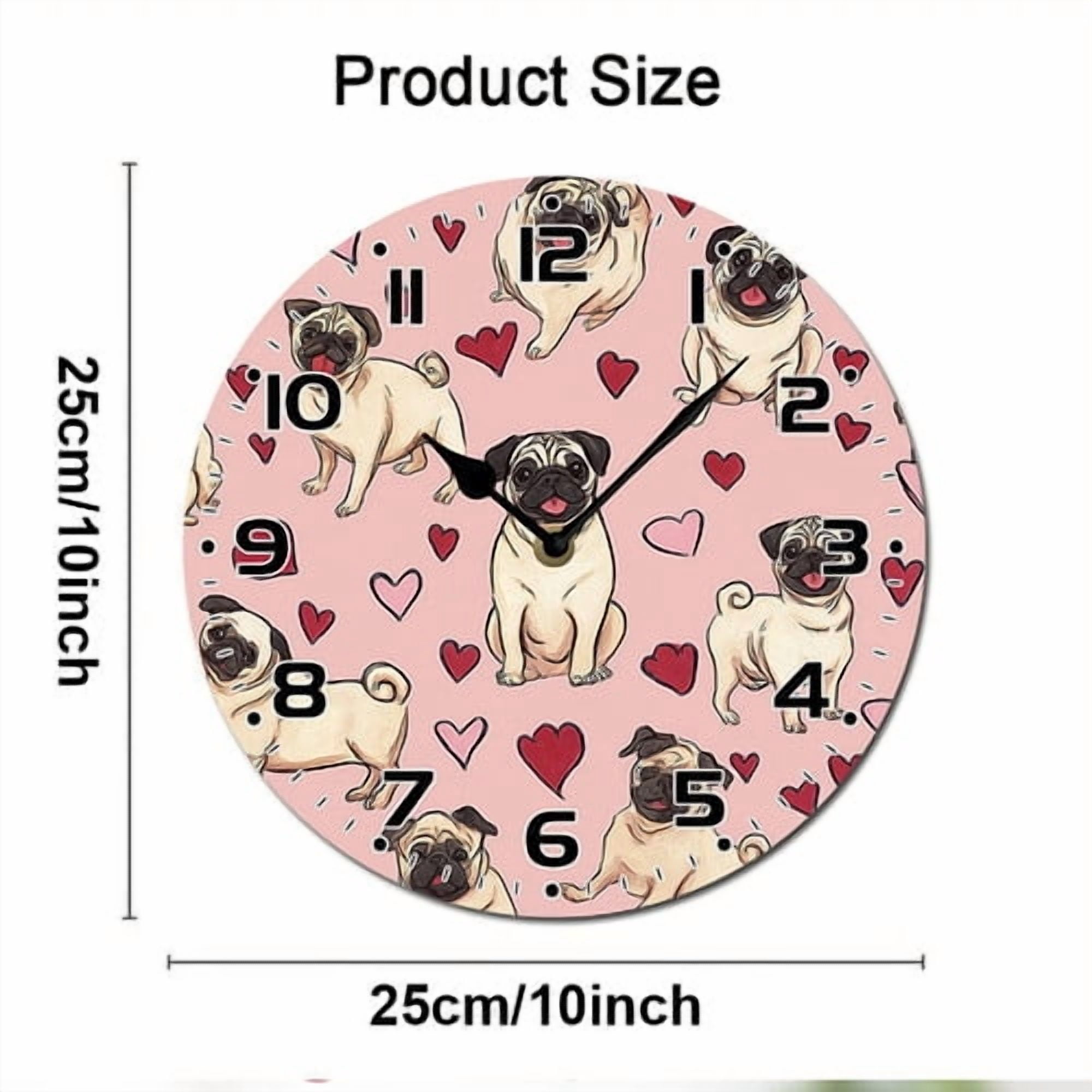 ZXCXRQFa Silent Clocks Cute Pug Themed Clock Home Decor Round Wood 10 Inch Wall Clocks Non Ticking Silent Clock Art for Living Room Kitchen Bedroom Decorative