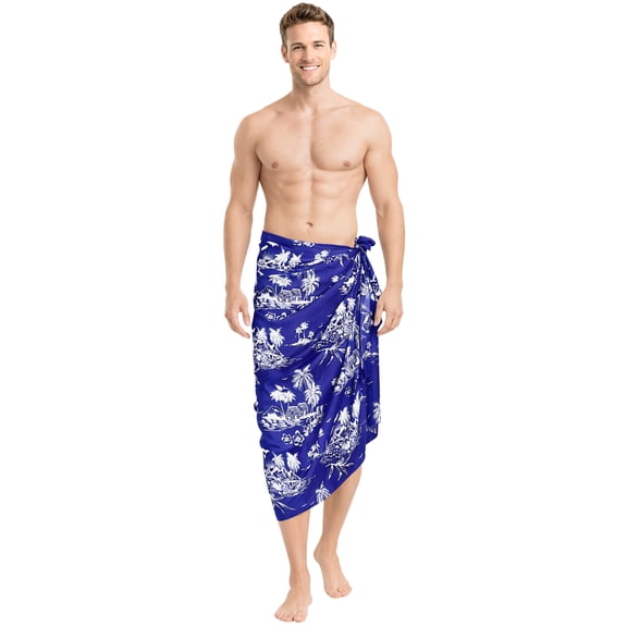 HAPPY BAY Men's Swim Trunk Swimsuits Sarong Pareo Beach Wrap One Size Palm,Blue-B711 Summer Vacation Aloha