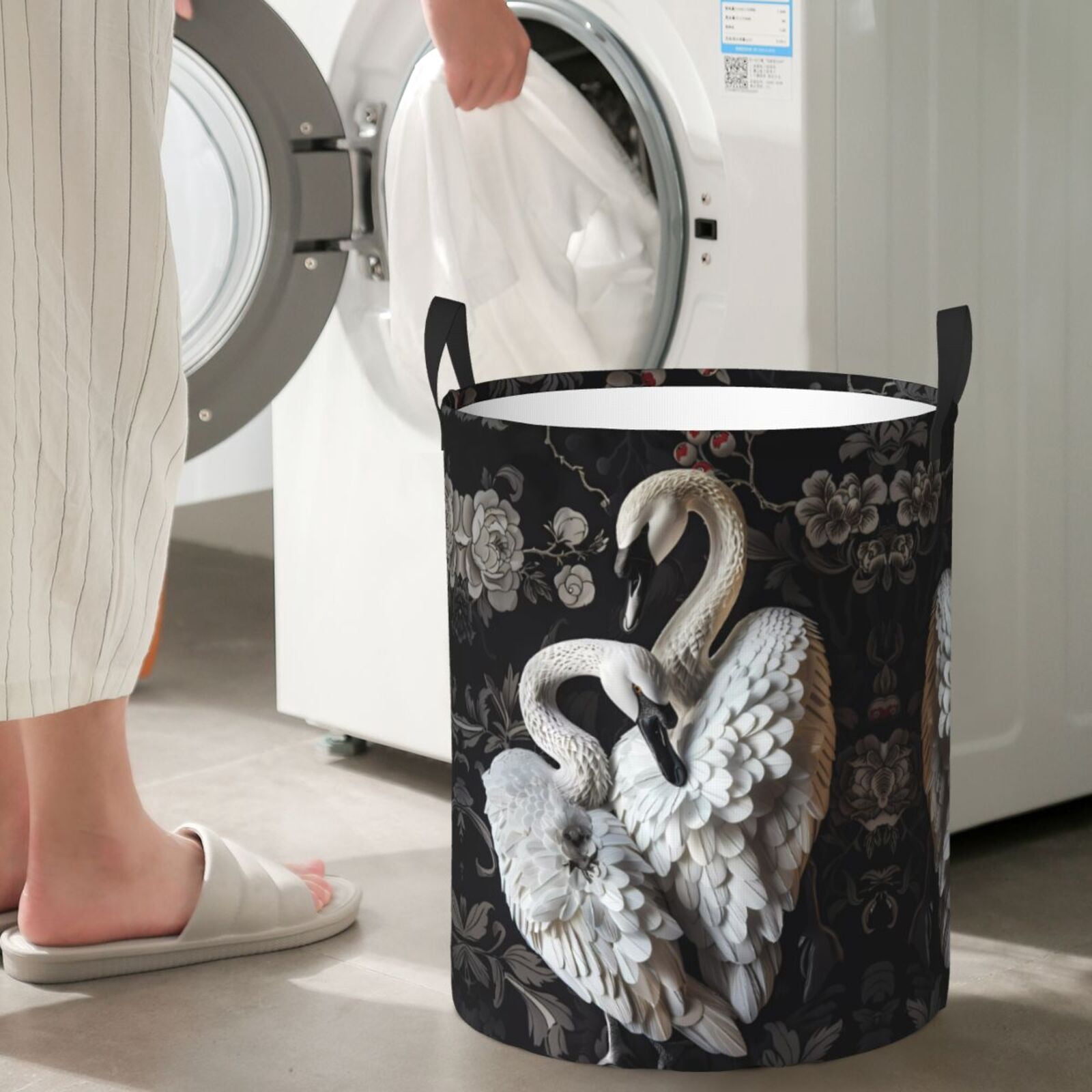 Large Laundry Basket with Handles - Elegant Swans Black Background Kids Baby Dirty Clothes Laundry Hamper for Bedroom Aesthetic