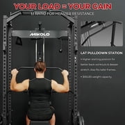 Mikolo Multi-Functional Squat Rack with LAT Pulldown System Exercise Power Cages, Metal Black