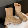 thumbnail image 4 of Motorcycle Boots for Women Platform Chunky Lug Sole Slip on Mid Calf Boots Vintage Leather Round Toe Riding Booties Khaki 7, 4 of 8