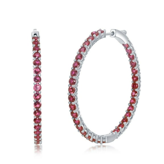 Simulated Ruby/Blue Spinel/Emerald Inside-Outside Hoop Silver Tone 3x45mm Lightweight Earrings for Women or Teens