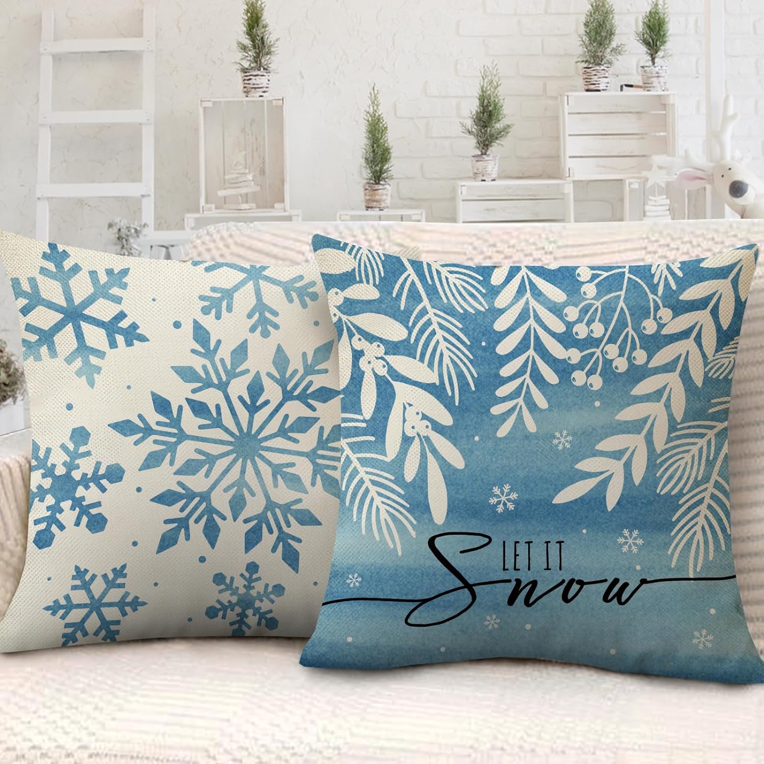 Winter Snowflake Decorative Throw Pillow Covers 18 x 18 Set of 4, Let It Snow Blue Christmas Tree Leaves Outdoor Pillowcase, Get Cozy Seasonal Holiday Farmhouse Cushion Case Home Decor