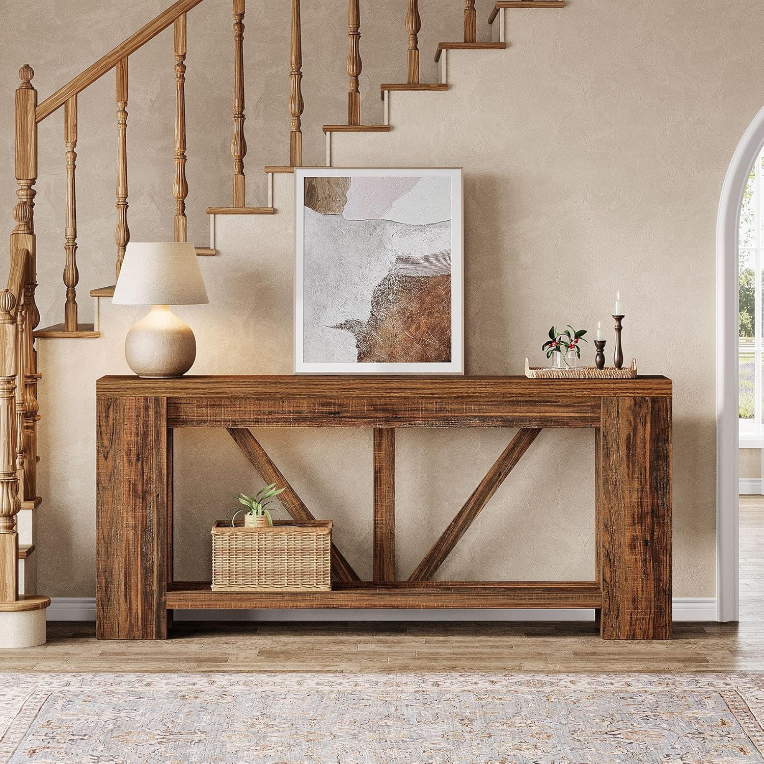 Finmind 70.9-Inch Extra Long Console Table with Storage for Entryway, Hallway, Foyer, Living Room, Brown