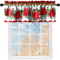 Christmas Poinsettia Kitchen Curtain Valances Red and Green Blooming Small Window Valances with Rod Pocket Merry Xmas Bedroom Bathroom Laundry Short Curtains Decoration, 52x18inch