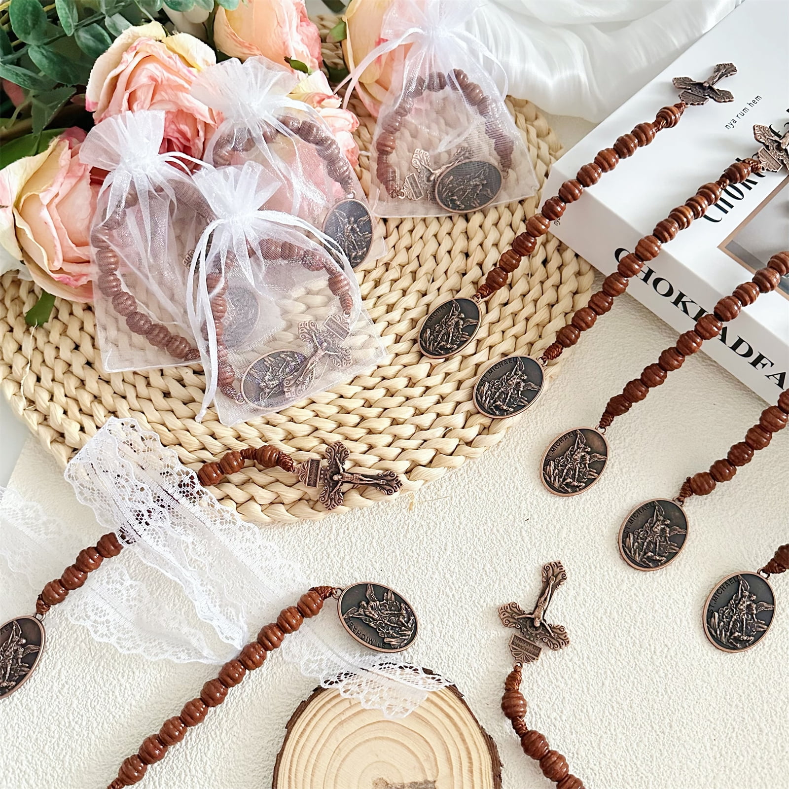25PCS Baptism Favor Saint Michael Archange Pocket Rosary with Organza Bags, Handmade Wooden Beads Cross Necklace, Catholic Christian Prayer Gift