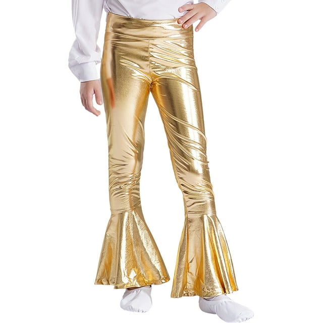 Eandarui Girls Stretch Bell Bottoms Flare Pants Little | Big Kid Shiny Metallic Ruffle Bootcut Leggings Gold 8
