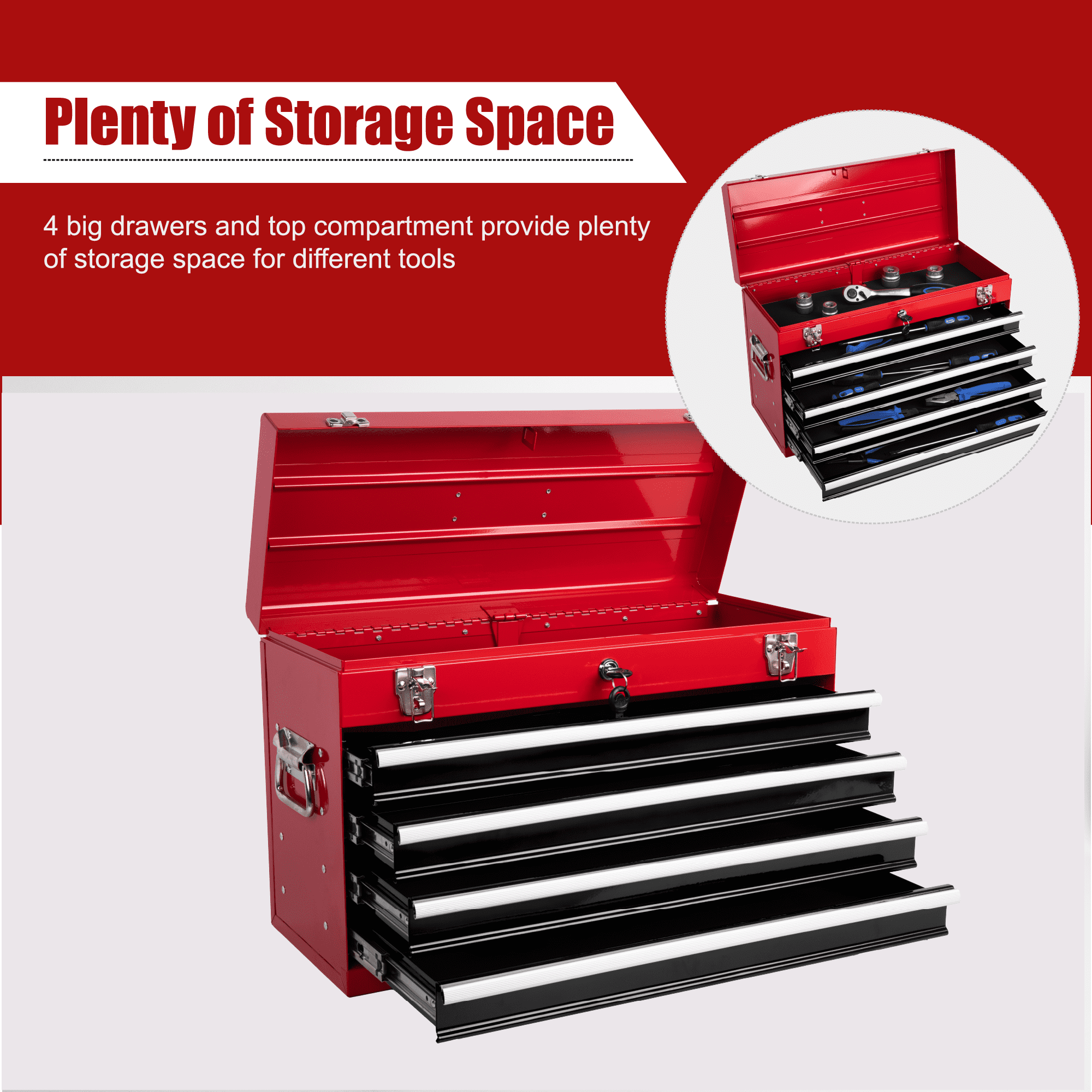 Red Black Metal Tool Box - 23.62 in Length Portable Tool Chest with 4 Drawers and Ball Bearing Slides for Workshop Organizati