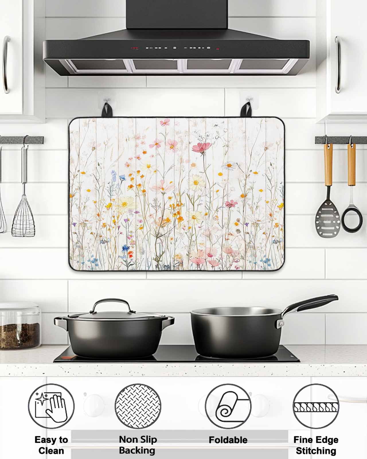 Stove Top Covers for Electric Stove, Vintage Flowers Glass Stovetop Cover Protector, Pink Blue Colorful Botanical Induction Cooktop Protector Oven Mat for Kitchen Countertop 24"x21"