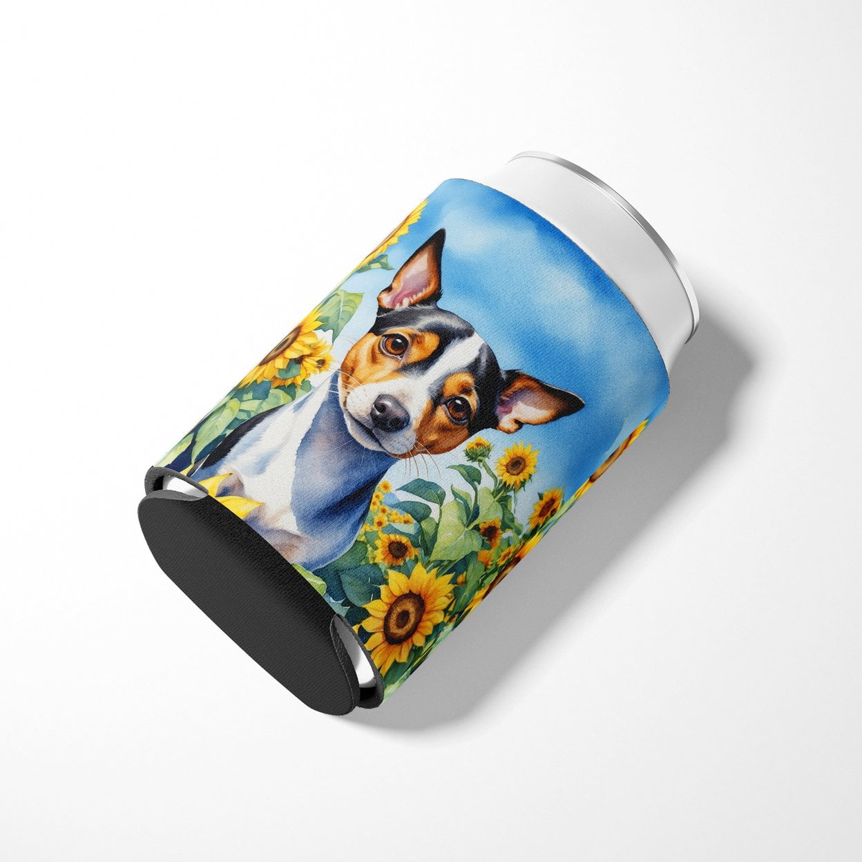 Rat Terrier in Sunflowers Can or Bottle Hugger 3 in x 5 in