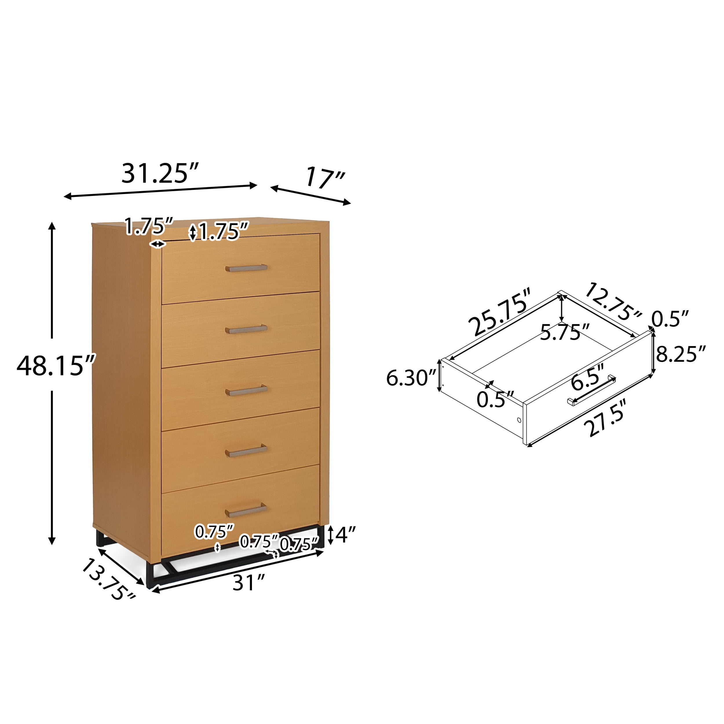 Noble House Cayuga Faux Wood 5 Drawer Dresser, Maple and Black
