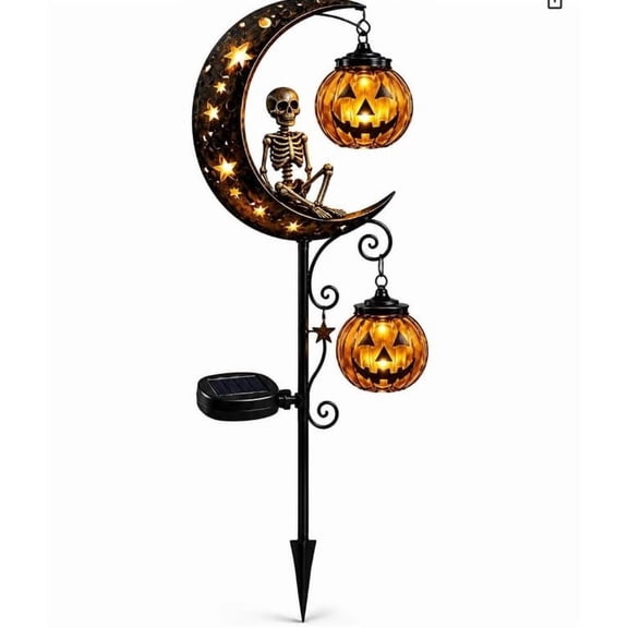 Yardvibe Solar Skeleton & Pumpkin Moon Garden Stake Light, Halloween Outdoor Waterproof LED Yard Decoration with Crescent Moon, Hanging Pumpkin Lantern for Garden, Patio, Walkway, Porch
