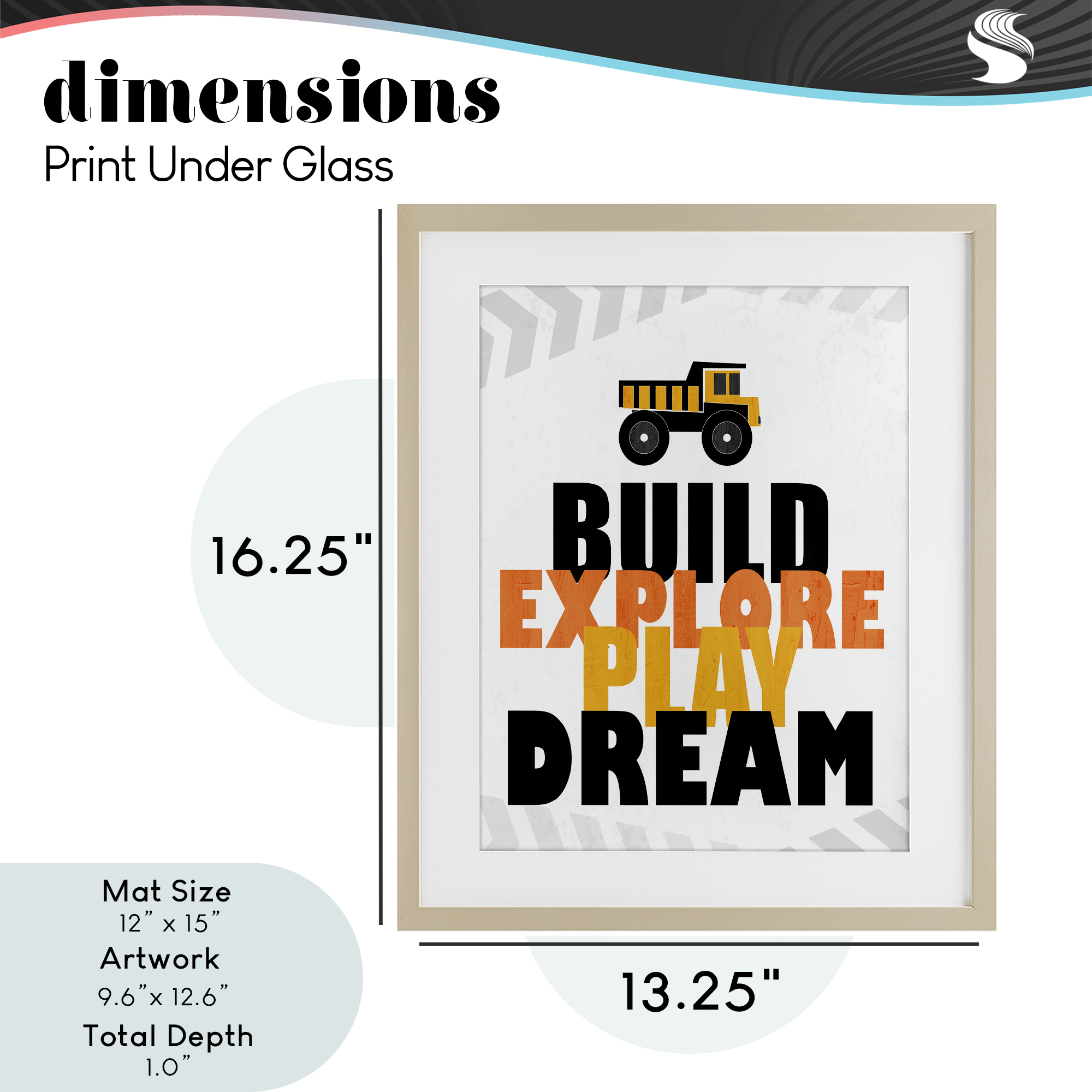 Build Explore Play Dream Birch Framed Print Under Glass, design by Kim Allen