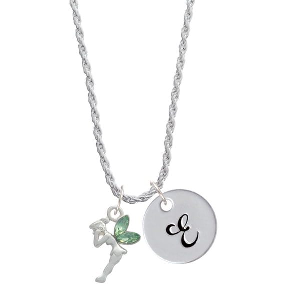 Delight Jewelry Silvertone Small Fairy with Lime Green Wings Silvertone Script Initial Disc - E - Charm Necklace, 20"+3"