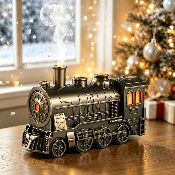 Vintage Train Shape Essential Oil Diffuser Humidifier, 2 Lighting Modes, Remote Control, Train Design Home Fragrance Diffuser for Bedroom Office Desktop.Black