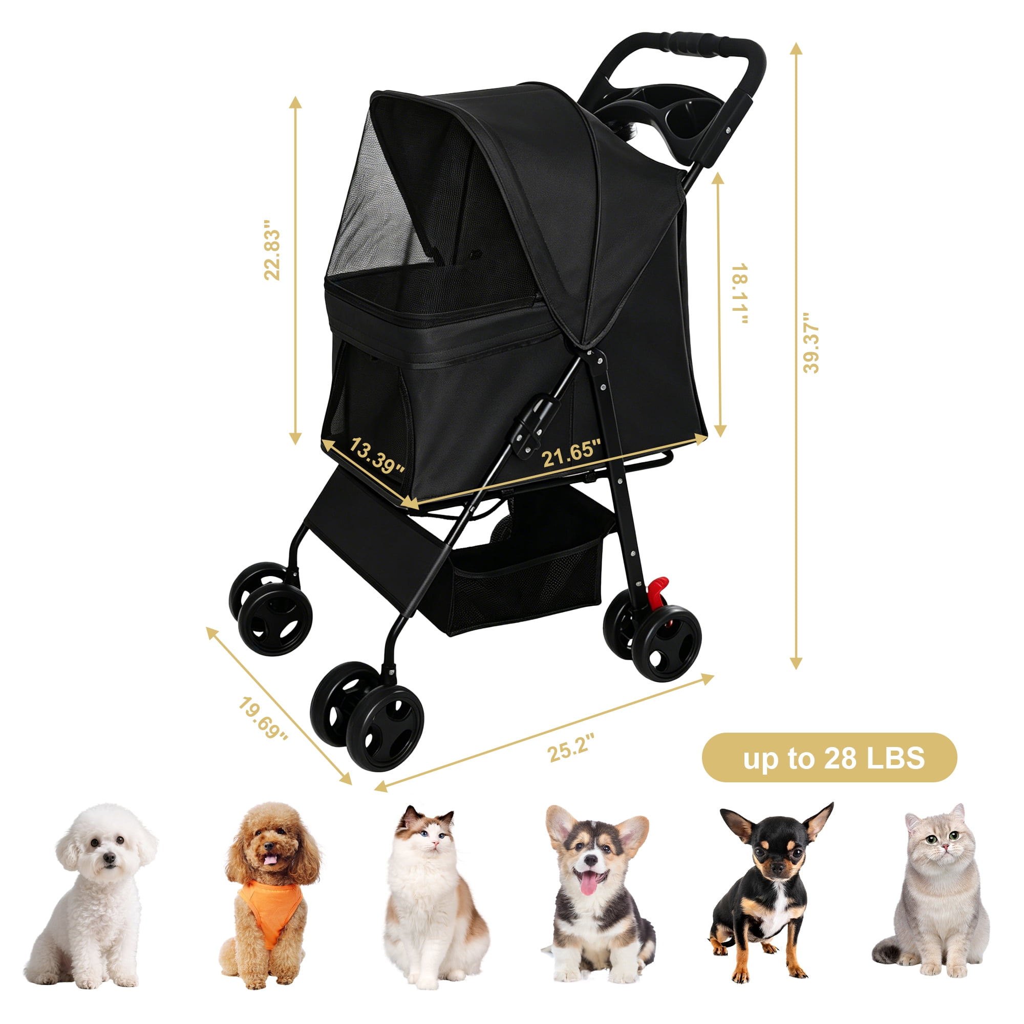 Foldable 4 Wheels Pet Stroller for Small Dogs and Cats, Pet Rolling Carrier with Storage Basket & Breathable Mesh