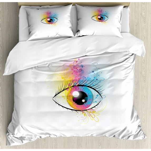 Eyelash Duvet Cover Set Queen Size, Artistic Eye Lively Colored Spring Nature Inspired Floral Creativity Inspiration, Decorative 3 Piece Bedding Set with 2 Pillow Shams, Multicolor, by Ambesonne