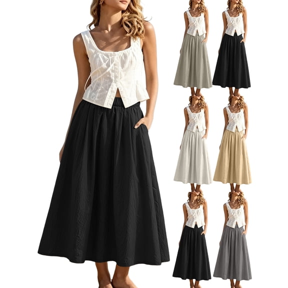 Summer Skirt for Women with Pockets Boho Style High Waisted Midi Skirt Flowy A-Line Skirt