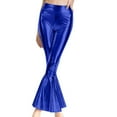 thumbnail image 2 of XIAONU Women's High Waist Flare Leggings Shiny Ruffled Hem Trousers Dramatic Bold Party Bottoms Dark Blue, 2 of 5