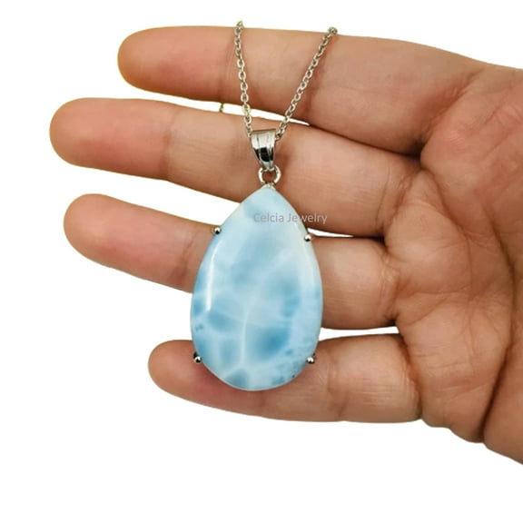 Pure 925 Sterling Silver Necklace For Women, Genuine Prong Larimar Cabochon Blue Pear Gemstone Unique Handcrafted Necklace Gift For Her