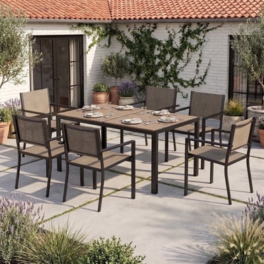 Clouddwell 7 Piece Outdoor Patio Dining Set, Expandable Metal Table & 6 Textilene Armchairs, Weather Resistant Outdoor Furniture for Backyard Garden, Warm Gray