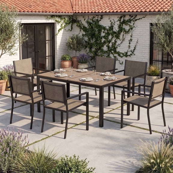 Clouddwell 7 Piece Outdoor Patio Dining Set, Expandable Metal Table & 6 Textilene Armchairs, Weather Resistant Outdoor Furniture for Backyard Garden, Warm Gray