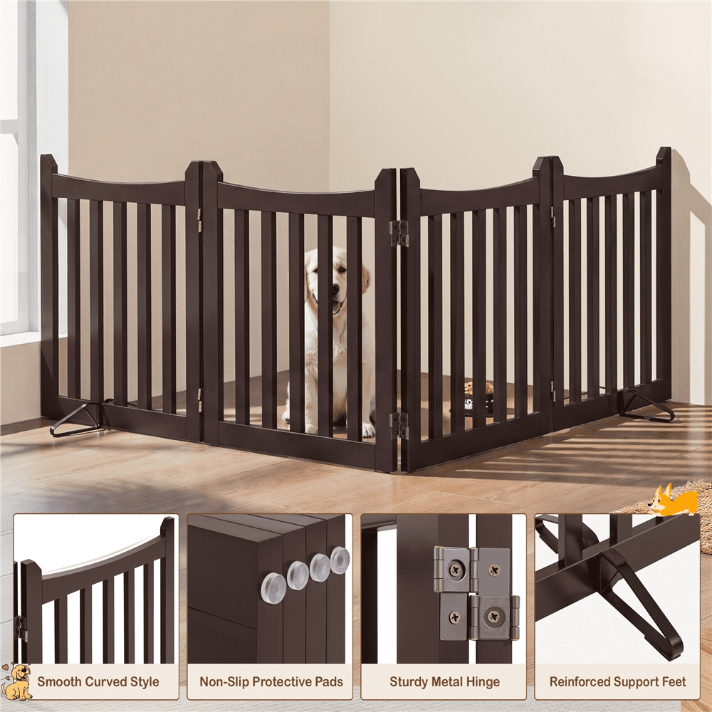 Alden Design 24" Tall Freestanding Foldable Pet Gate with 4 Wooden Panels, Espresso