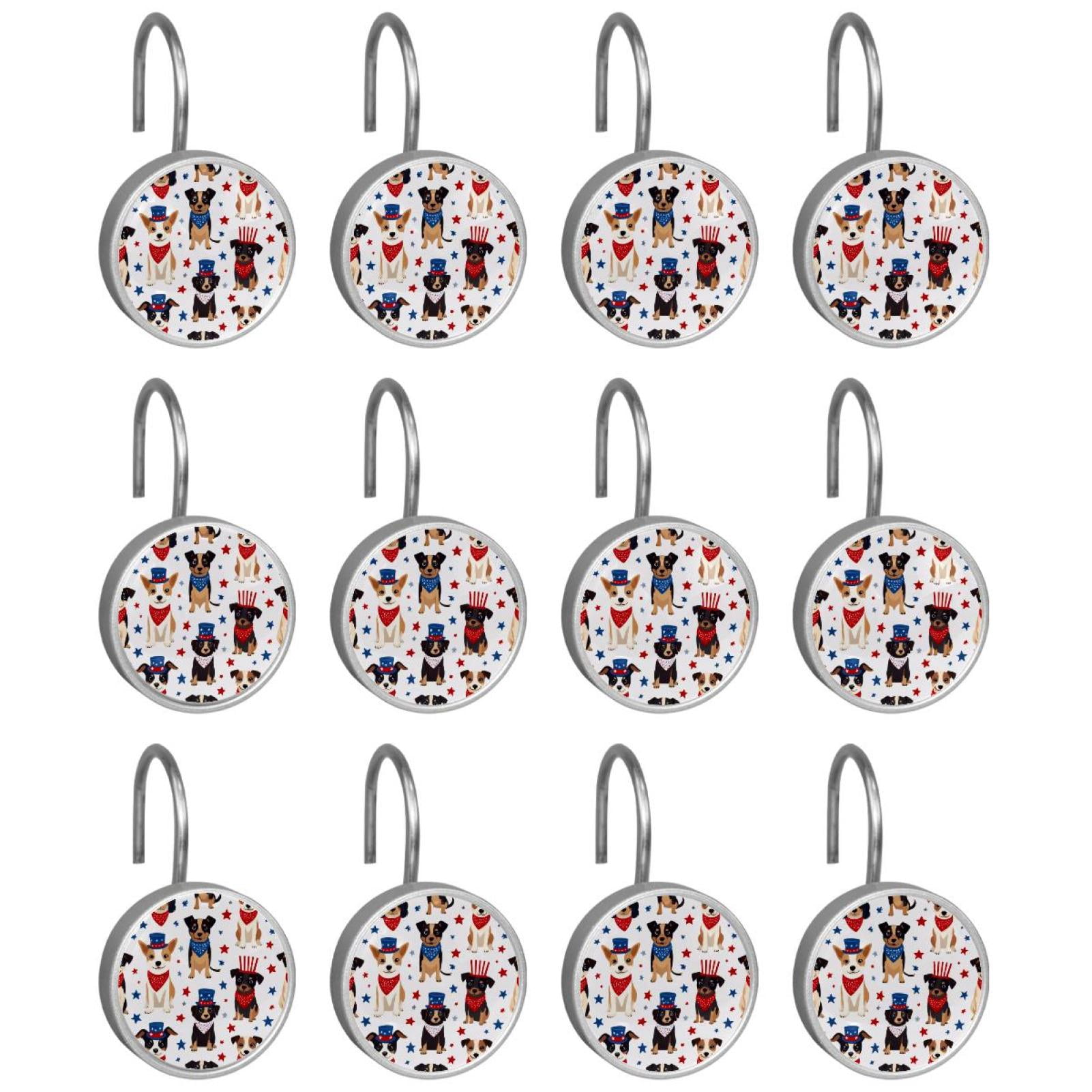 12pcs Decorative Shower Curtain Hooks, Rust Resistant Shower Rings for Bathroom Living Room,Rustproof Stainless Steel Rings for Shower Curtain and Liner Rods,4th of July Dogs