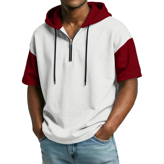 Fabrcox Mens Hoodies Quarter Zip Lightweight Short Sleeve Sweat Shirt for Men Workout Sports Drawstring Summer Color Block Mens Tops