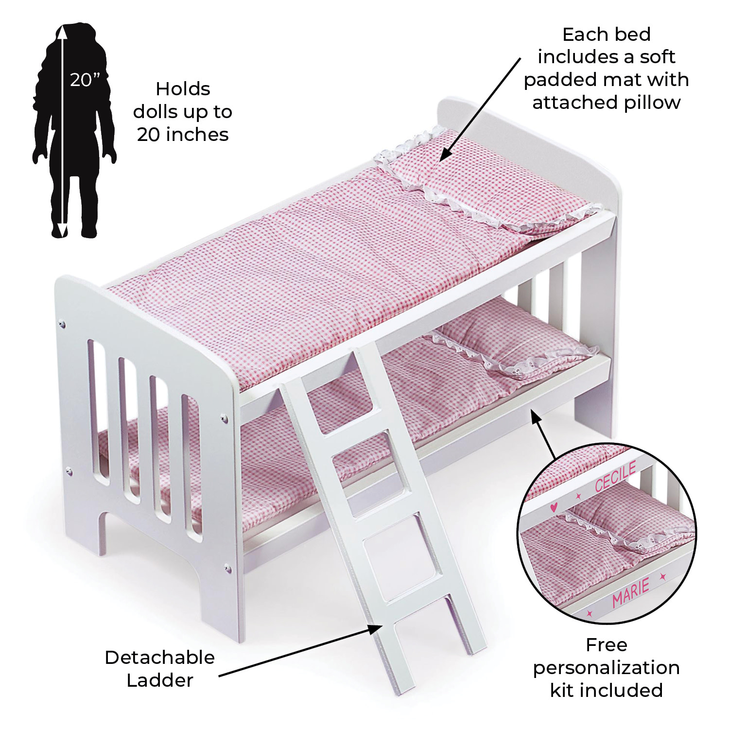 Badger Basket Doll Bunk Bed with Bedding, Ladder, and Free Personalization Kit - White/Pink/Gingham - image 3 of 11