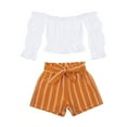 thumbnail image 1 of Kiapeise Little Girl Off Shoulder Long Sleeve T-Shirt+Striped Shorts with Belt, 1 of 7